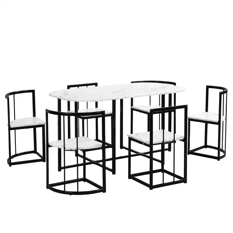 Modern 7-Piece Dining Table Set with Faux Marble Top and 6 Chairs 4N - ModernLuxe