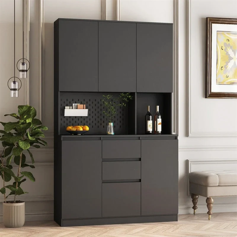 Kitchen Pantry Cabinet with Microwave Stand and 2 Drawers, Freestanding Buffet Cupboards Sideboard with Charging Station