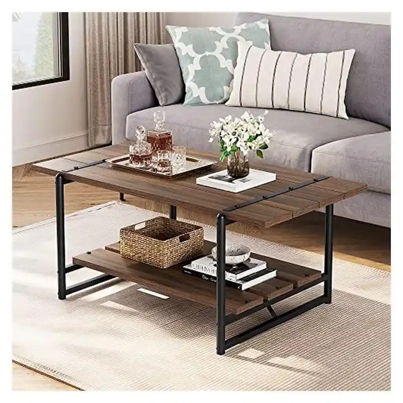 2-Tier Large Wood Coffee Table with Storage Shelf