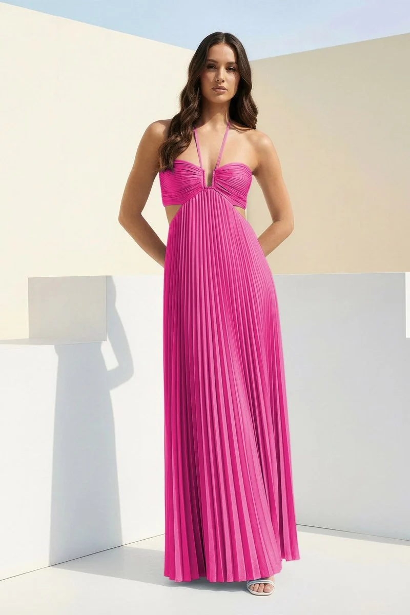 Sky Blue Halter Pleated Satin A Line Prom Dresses With Cutout