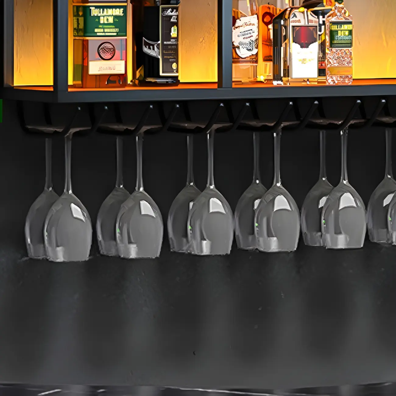 Black Metal Wall-Mounted Wine Rack with Stemware Holder