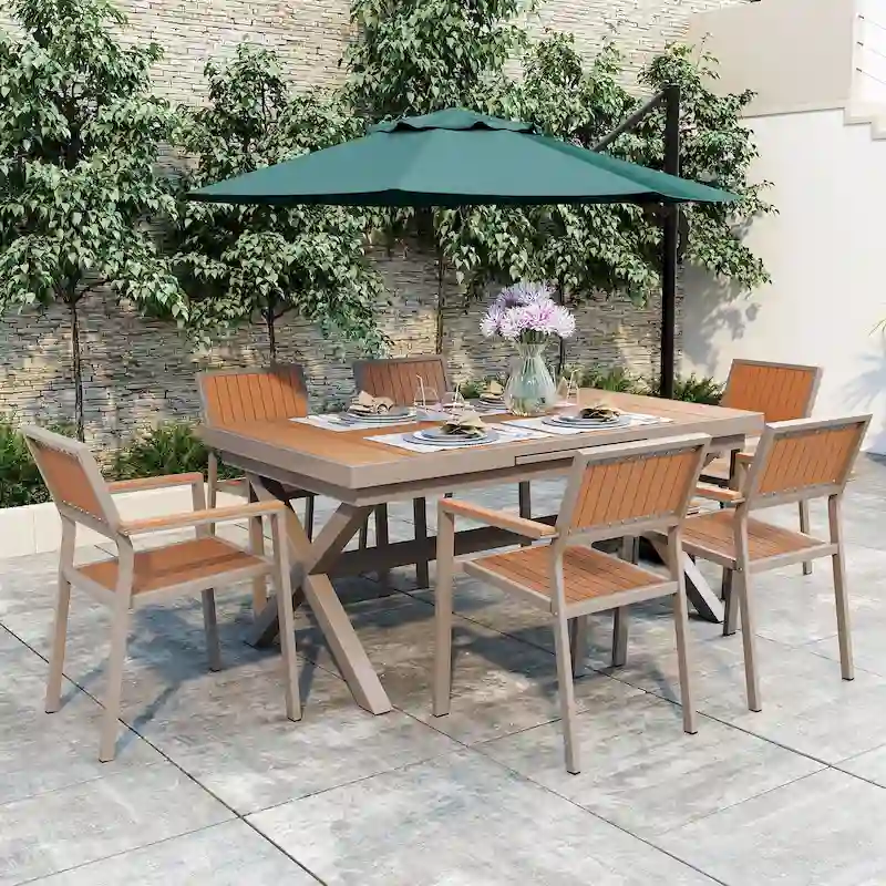 7 Piece Outdoor Patio Dining Table Set and 6 Arm Chairs Extendable Rectangular Dining Table Poolside Casual Picnic Table