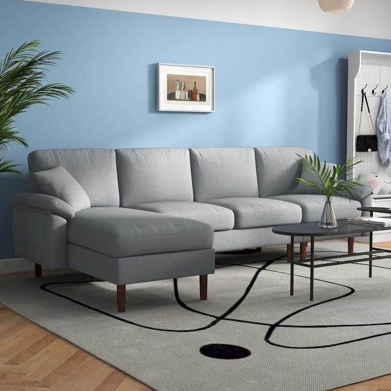 Fabric Sectional Couch with Reversible Sleeper Sofa, Modern L Shaped Sectional Sofa with Pillows, Wooden Legs