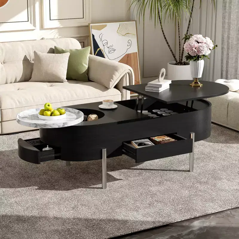Lift Top Coffee Table with Tray, Oval Center Table with Storage, Modern Wood Sofa Table with Drawers for Living Room, 47.2''