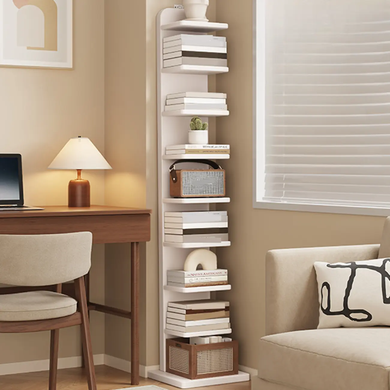 Narrow Wooden Multi-Shelf Closed Back Ladder Bookshelf