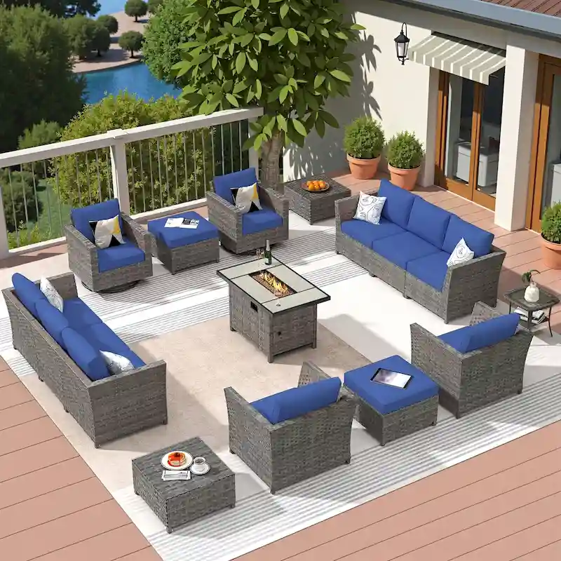 HOOOWOOO 16-piece Grey Rattan Outdoor Furniture Sectional Sofa Set Fire Pit Set with Swivel Chairs