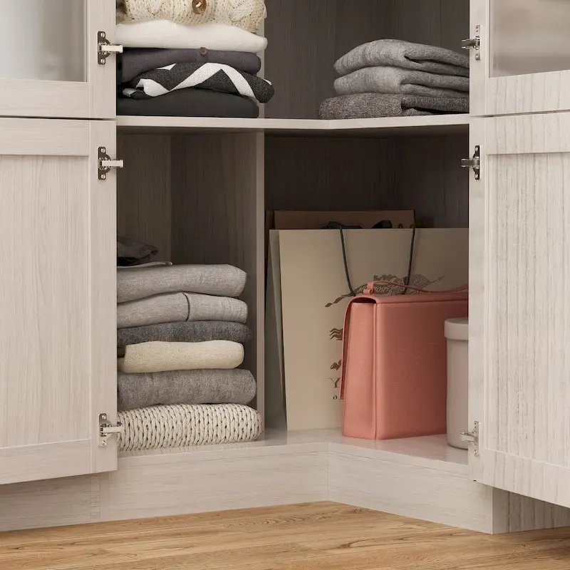 Large Frosted Glass Wardrobe with Soft-Close Hinges | MDF Construction | Light Gray Wood Grain | Gold Handles | Customizable Walk-In Closet