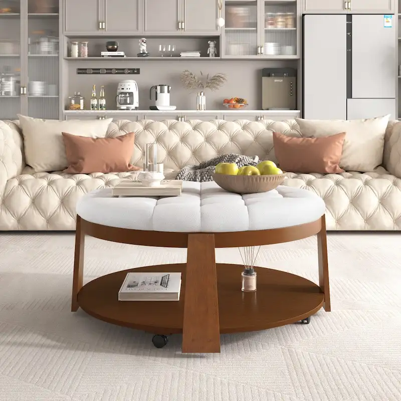 Modern Large Round Ottoman Coffee Table 2-Tier Oversized Button Tufted Ottoman with Wood Shelf Storage Upholstered Coffee Table