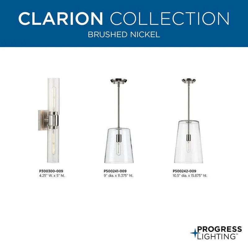 Clarion Collection One-Light Brushed Nickel Etched White Transitional Pendant - 9 in x 9 in x 11.37 in