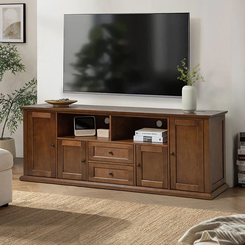 Traditional TV Stand with 4 Cabinets, 2 Drawers, Built-in Outlets & LED Lighting | Seadrift / Walnut | Single