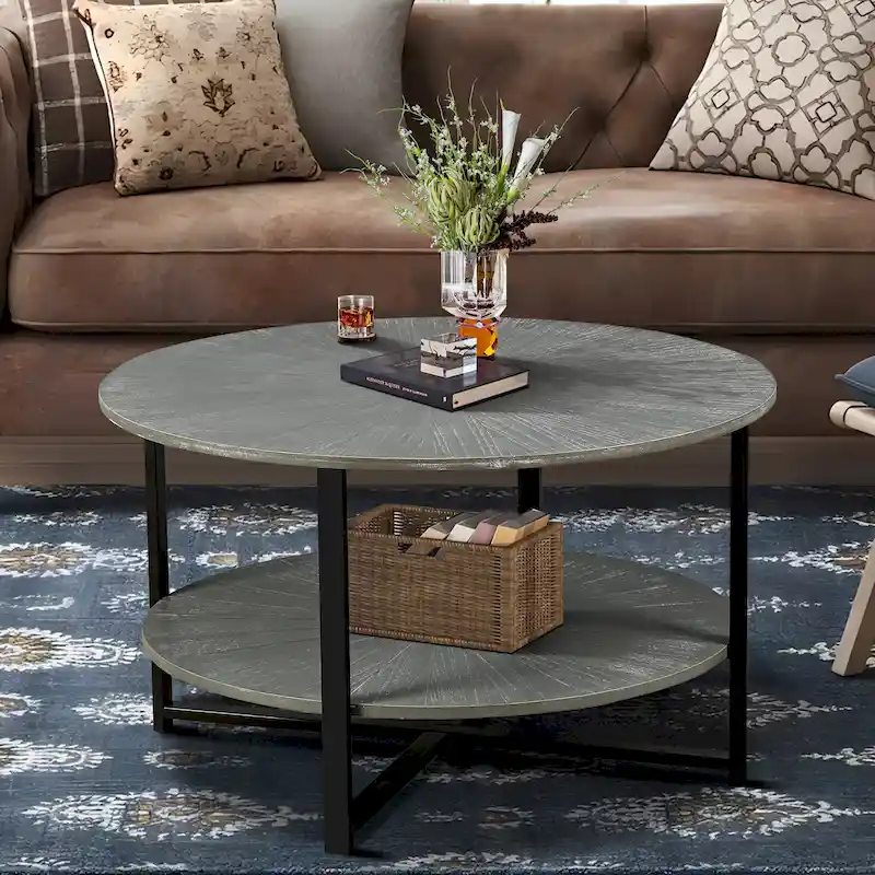 Antique Grey Round Coffee Table, 2-Tier Storage, X-Leg, 31.5