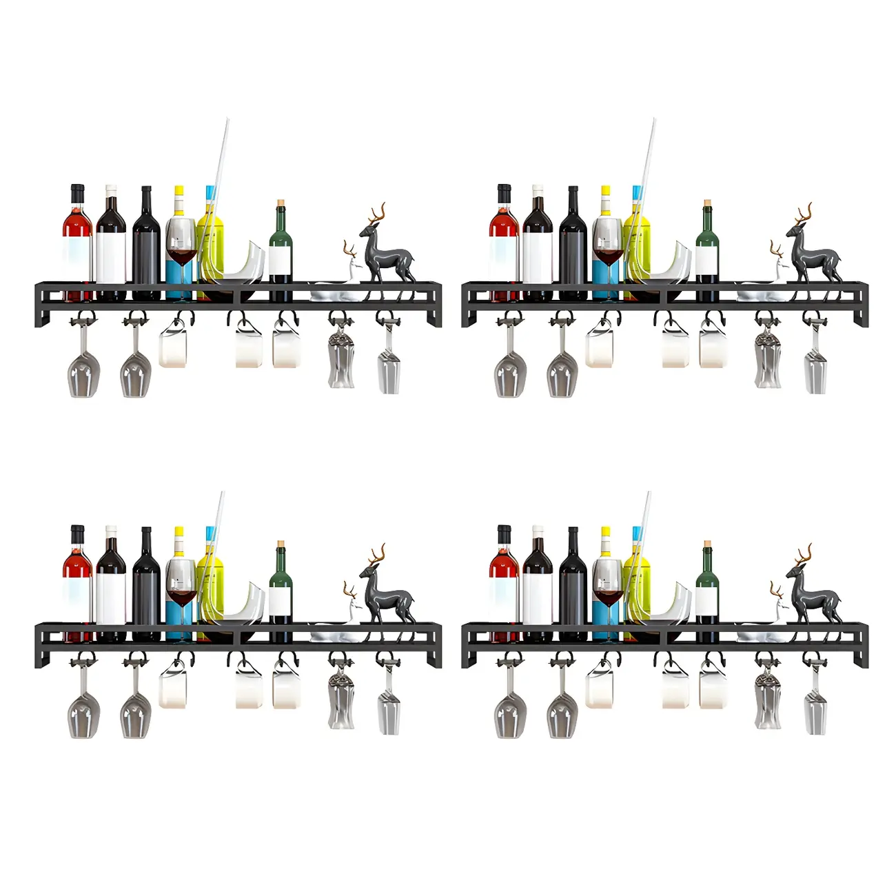 Floating Mount Metal Wine Glasses and Bottle Rack with Hook