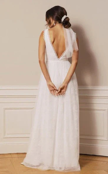 Bohemian Lace Tulle Plunging Neckline A Line Floor-length Deep-V Back Wedding Dress