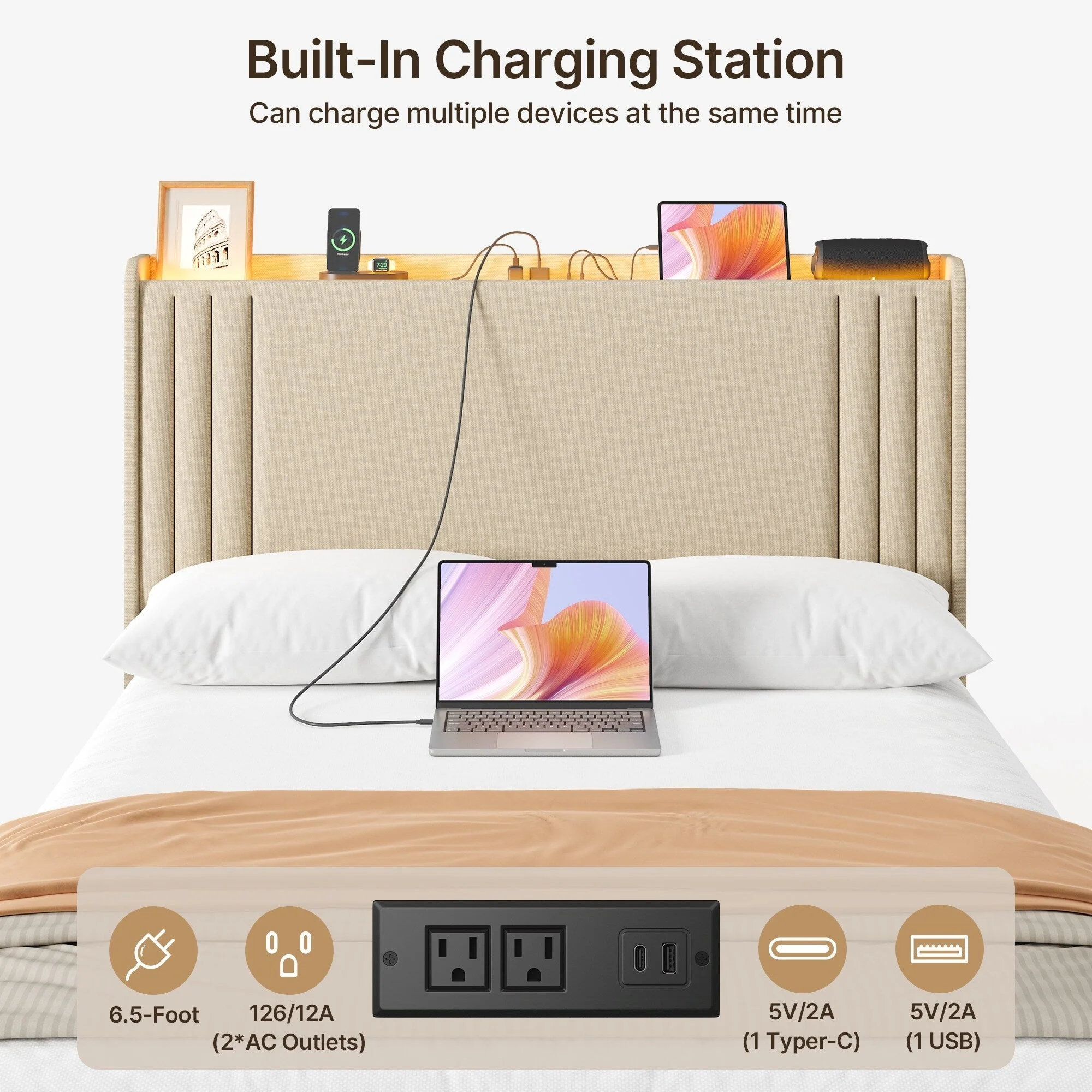 Queen/ Full Vertical Channels Upholstered Bed with Wingback Headboard