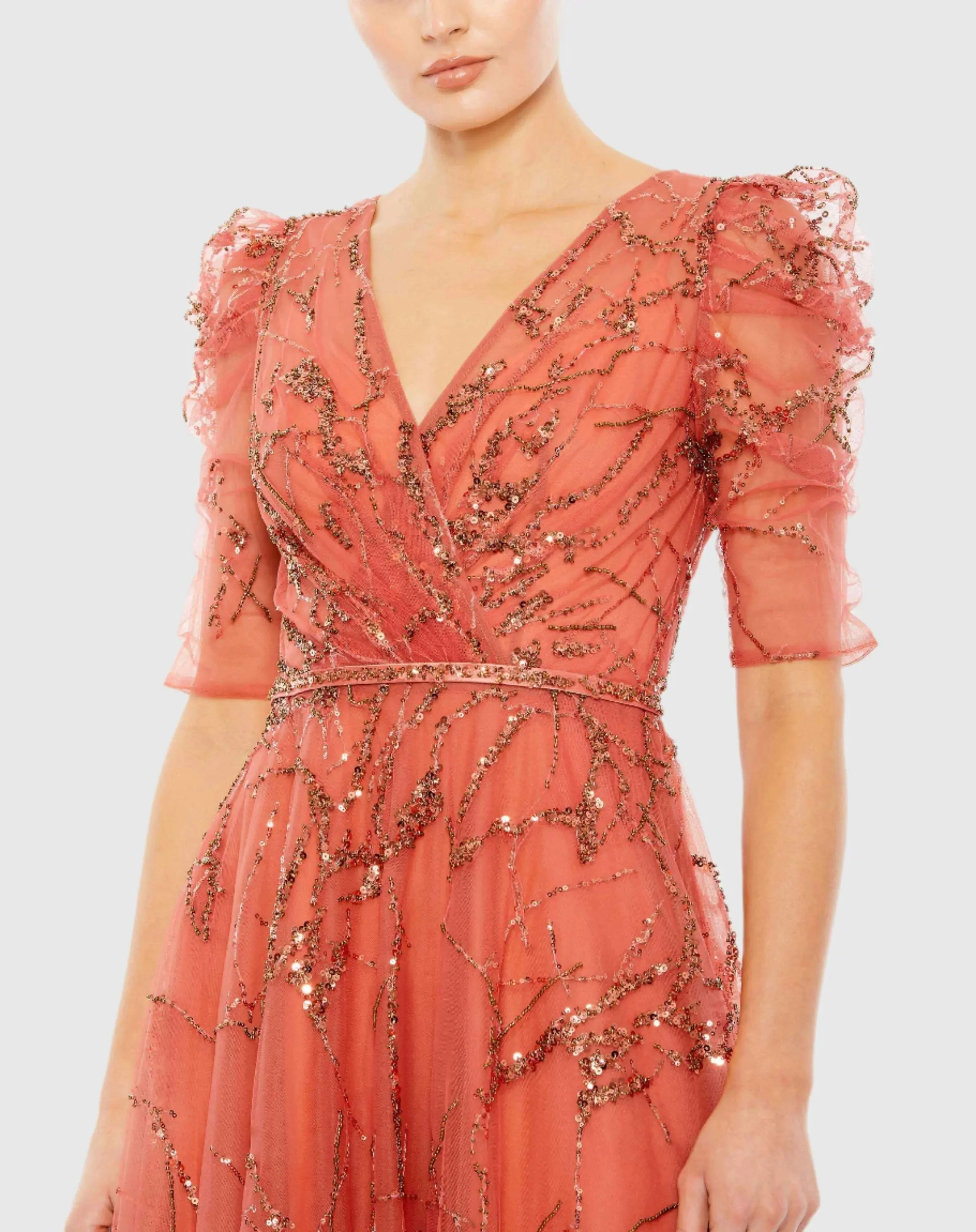 Orange Embellished Gathered Puff Sleeve Faux Wrap Gown