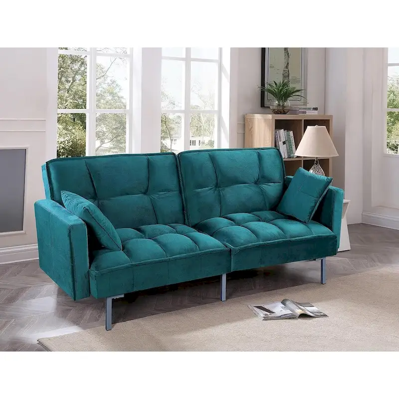 Regal Convertible Sleeper Sofa Bed Velvet Pull Out Couch with Mid-Century Style Tufted Design and Metal Legs