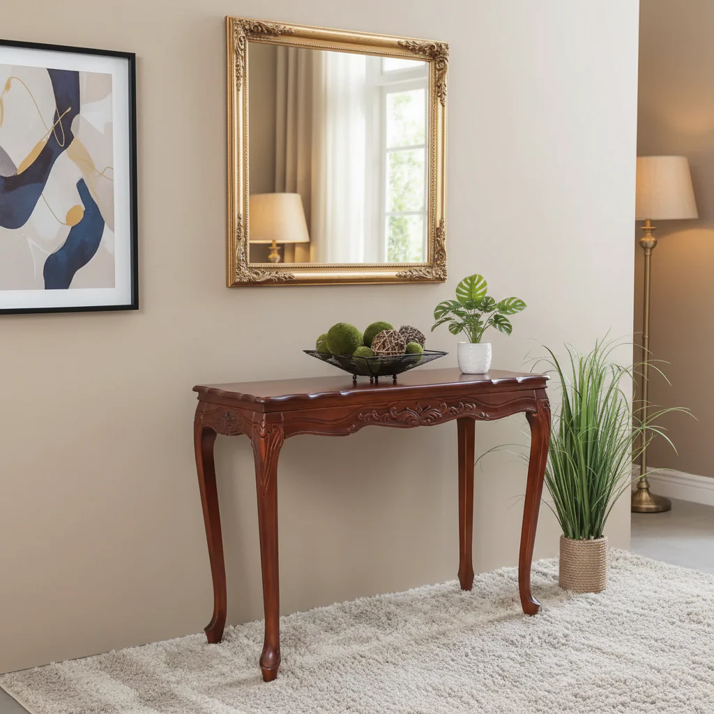 Hand-Carved Wood Console Table - Dual Walnut Stain