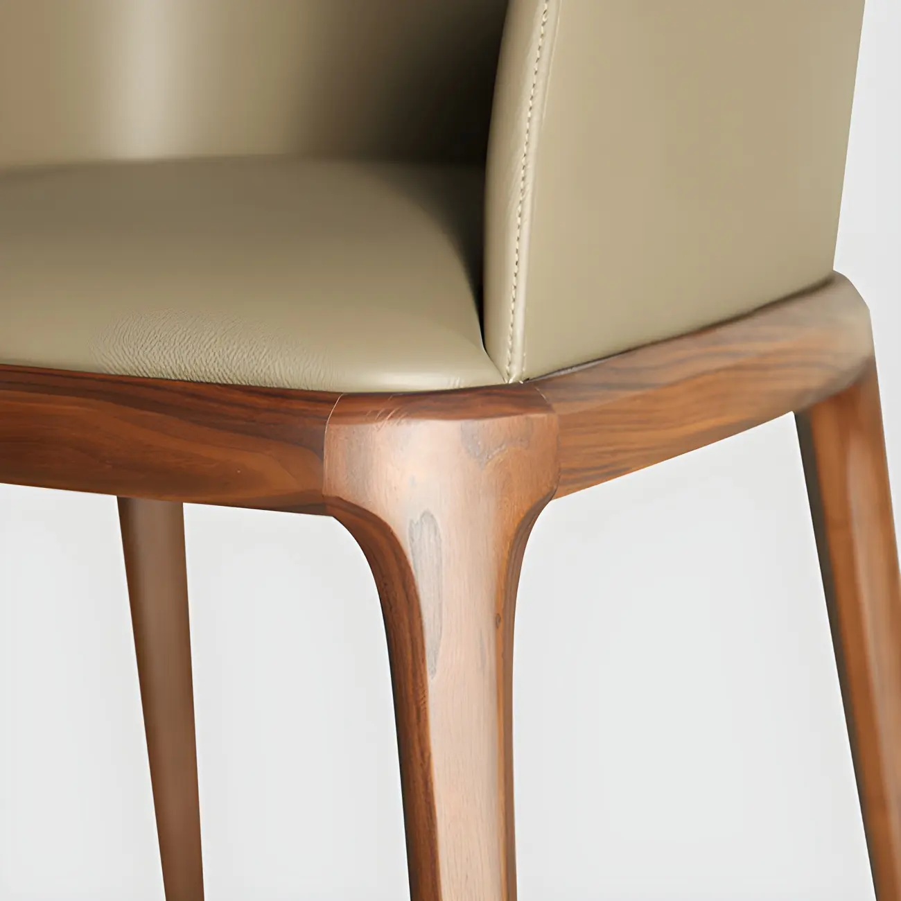 Khaki Leather Wood Legs Armrest Dining Chair