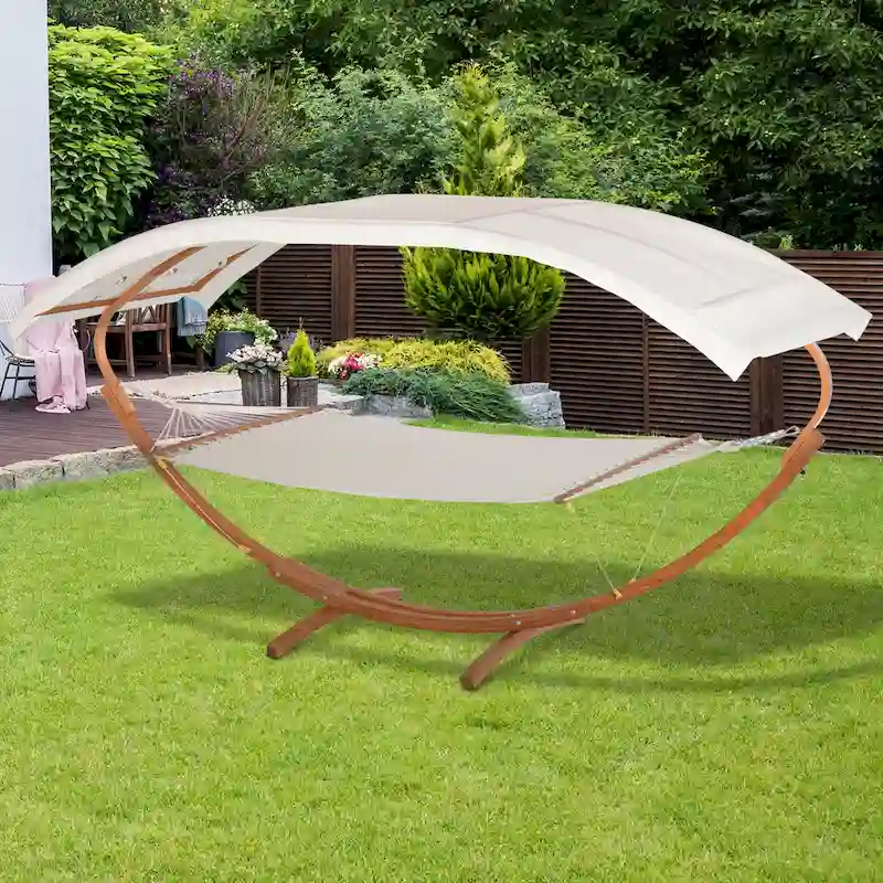 Outsunny 13' Wooden Arc Outdoor Hammock Stand Modern Curved Wood Bed with Detachable Canopy, Steel and Wood Stand, White
