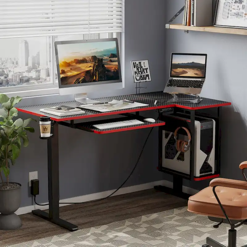 57 inch Electric Standing Desk Adjustable Height L Shaped Desk with Keyboard Tray and Host Shelf