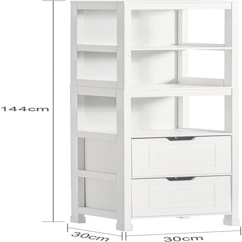 White Tall Bathroom Storage Cabinet with Shelves and Drawers