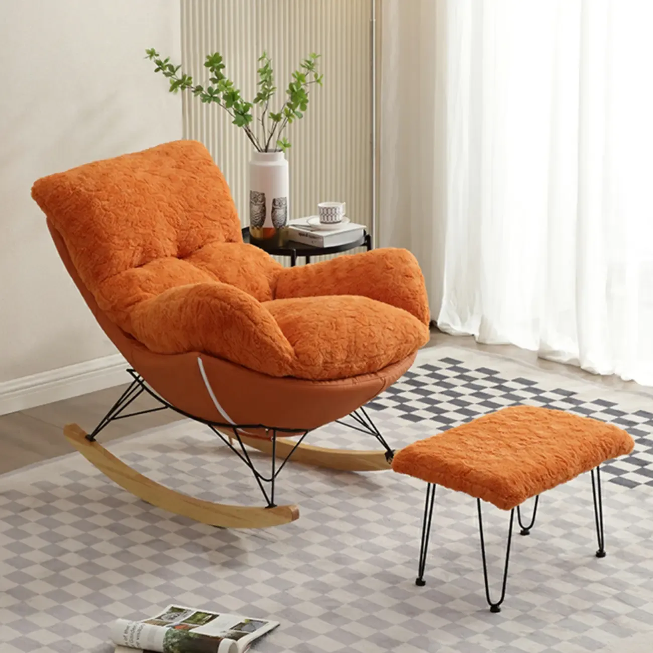 Modern Armless Upholstered Rocking Chair with Ottoman