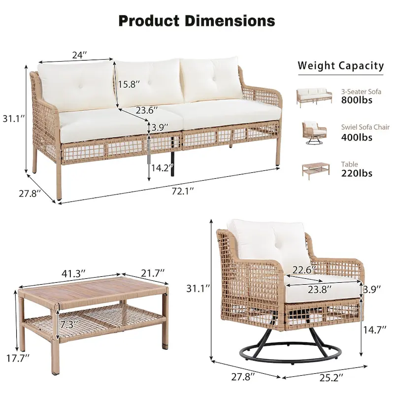 4-Piece Rattan Conversation Sofa Set with Swivel Chairs & Table