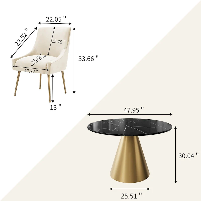 Clihome 5 Piece Black Marble Top Table with Velvet Dining Chair Set