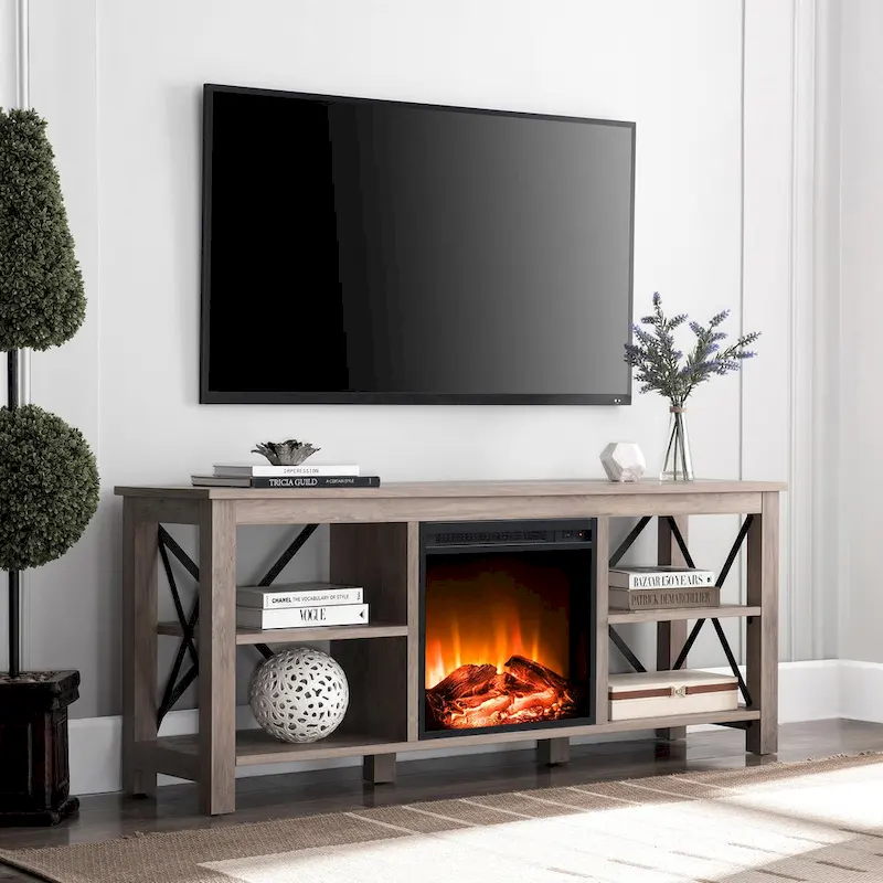 Farmhouse TV Stand with Electric Fireplace Insert, Fits up to 65