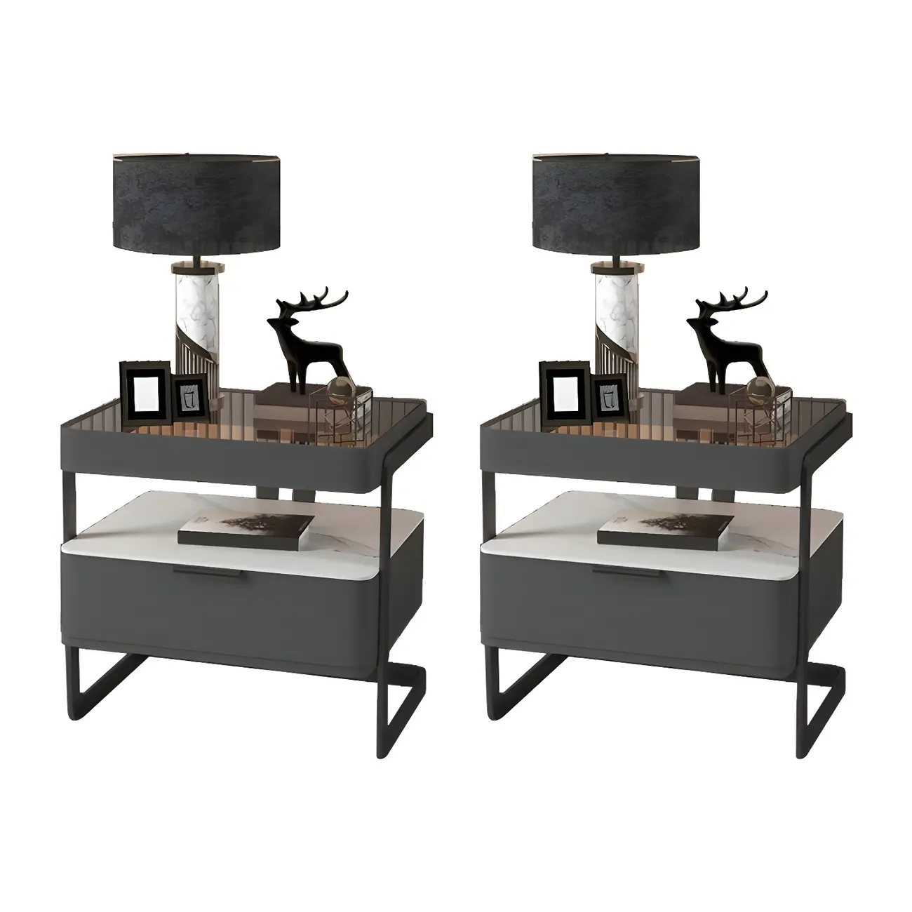 Modern Wood Nightstand with Glass Countertop and Drawer