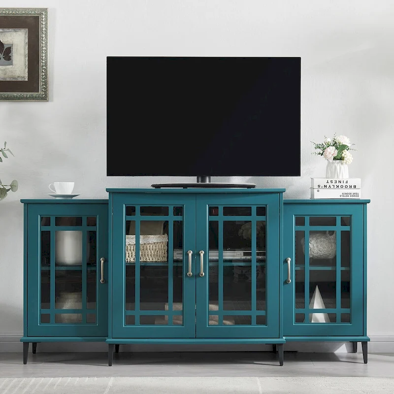 Teal Blue 62 TV Stand with Glass Doors & Shelves for Living Room