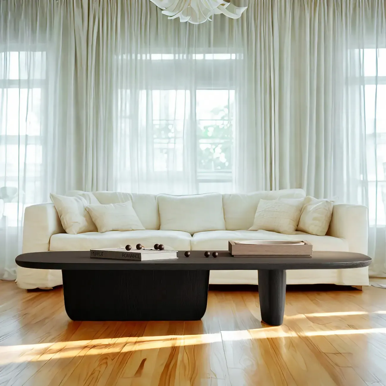 14 in Modern Black Oval Coffee Table with Double Pedestal