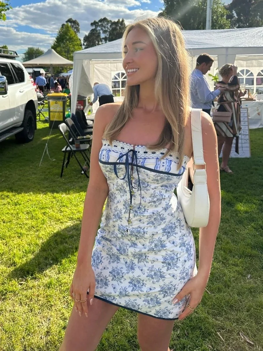 Blue - Strapless Sheath Floral Printed Short Homecoming Dresses