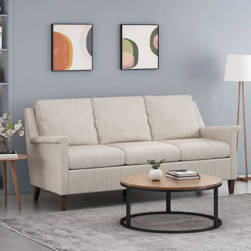 Beige / Charcoal / Light Blush Modern 3-Seat Fabric Sofa with Tapered Wood Legs, 3-Person