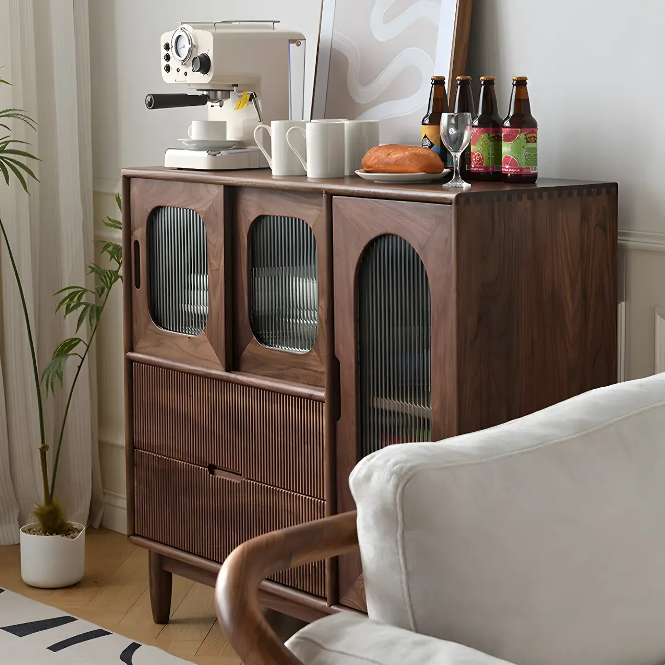 Walnut Wood Bottom Drawer Adjustable China Cabinet