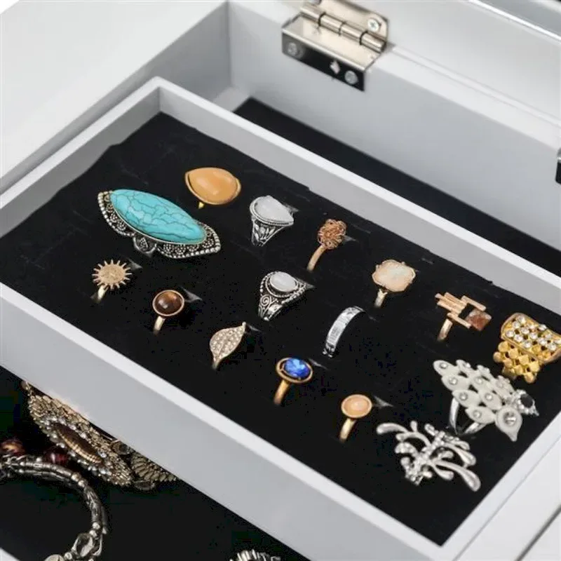 Standing Jewelry Armoire with Mirror, 5 Drawers & 14 Necklace Hooks, Jewelry Cabinet Chest with Removable Ring Storage Slot and