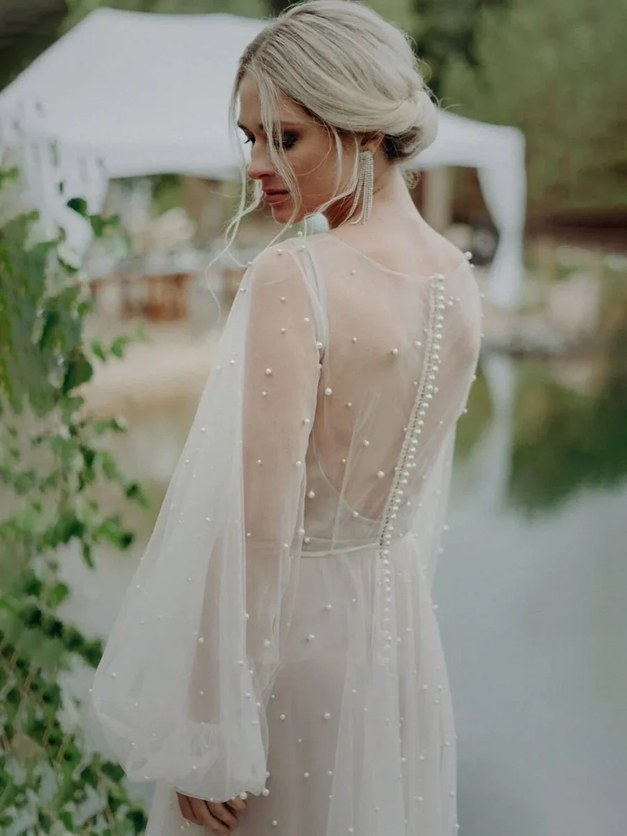Simple Modest A-Line Long Sleeve Tulle Elopement Illusion Wedding Dress with Pearl