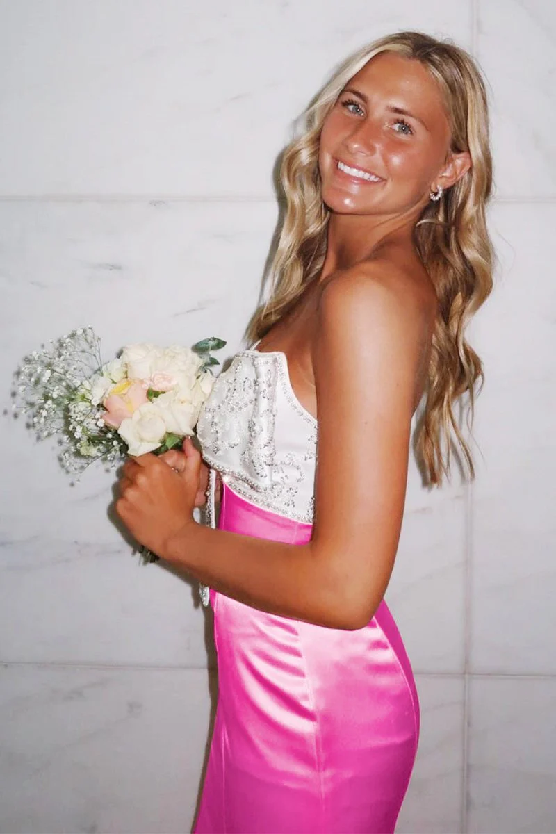 Pink Mermaid Satin Strapless Long Prom Dresses with Beaded Bow