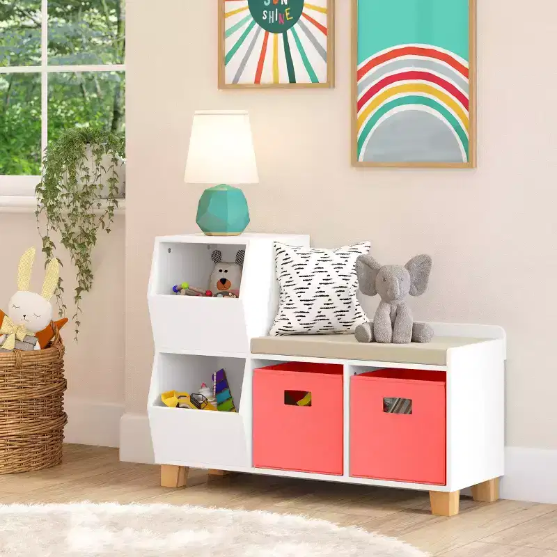 RiverRidge Kids' Catch-All Cubby Storage Organizer Bench with Toy Storage Shelves and Cushioned Seat for Reading Nook and Playroom White