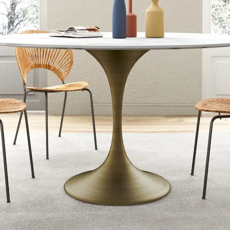 Modern Faux Marble Top Iron Pedestal Dining Table