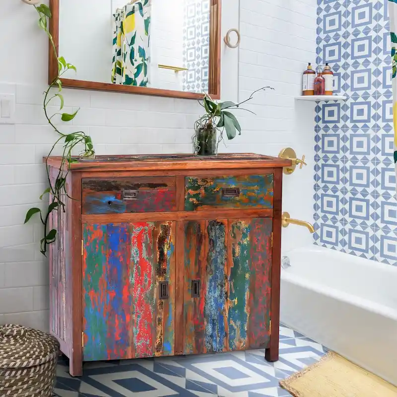 Recycled Teak Wood Linen Cabinet with 2 doors and 2 drawers