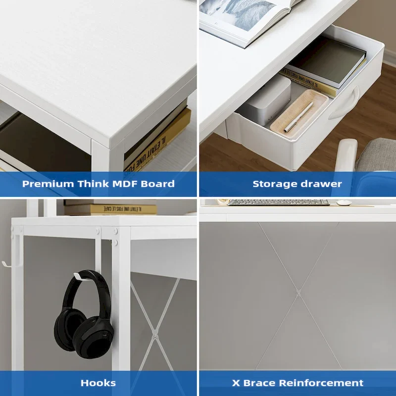 68 Home Office Desk with File Drawer & Power Outlet, LED Lights