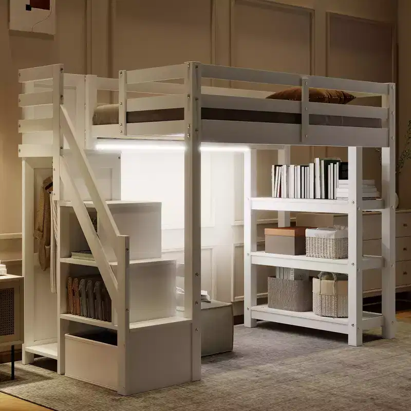 Twin/Full Size Loft Bed with Shelves, Storage Staircase, Small Wardrobe and White LED Light, White - ModernLuxe