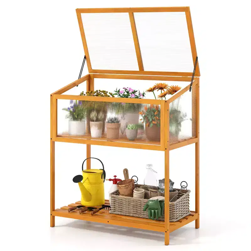 Costway Wood Cold Frame Greenhouse w/Transparent Openable Roof & Slatted Storage Shelf