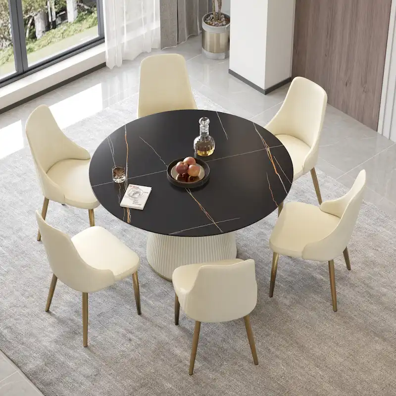 Round PU Pedestal Dining Table Faux Marble Dining Table