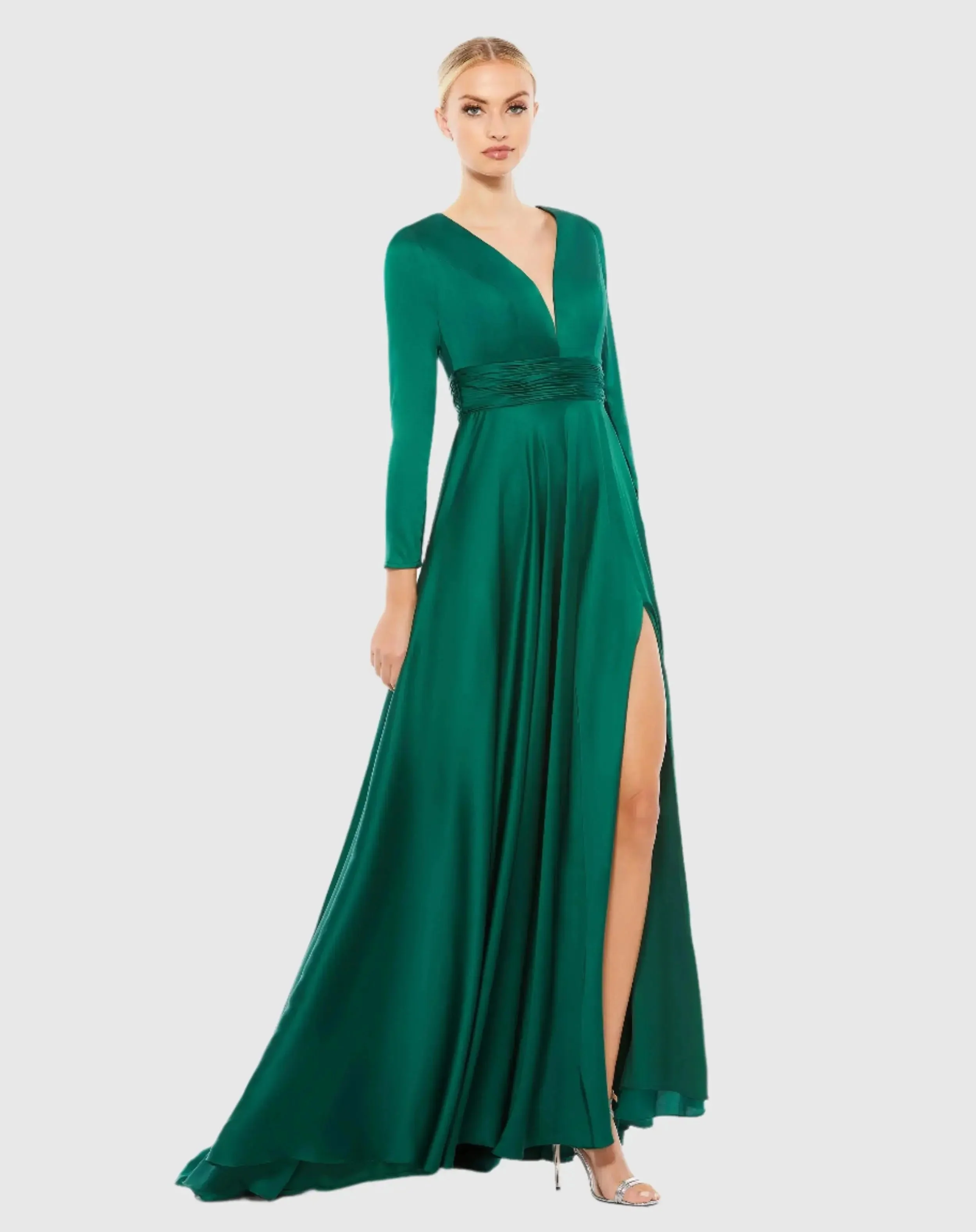 Green Long Sleeve Ruched Waist A-Line Gown - FINAL SALE