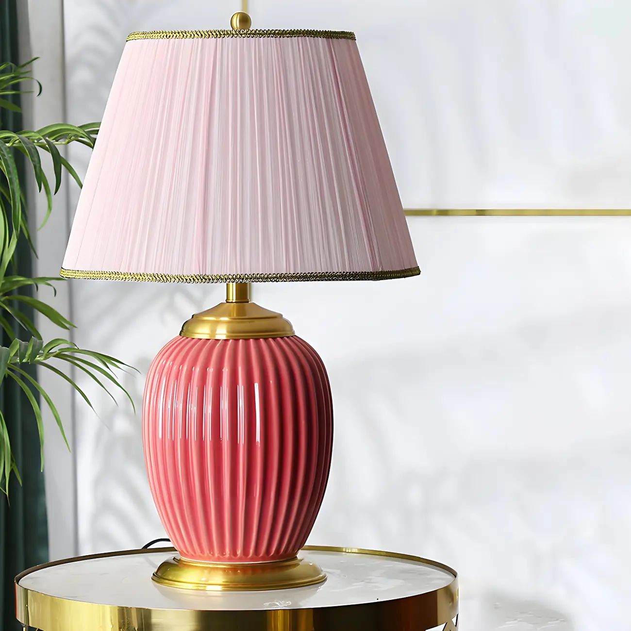 Plug-In Elegant Ceramic LED Table Lamp with Fabric Shade