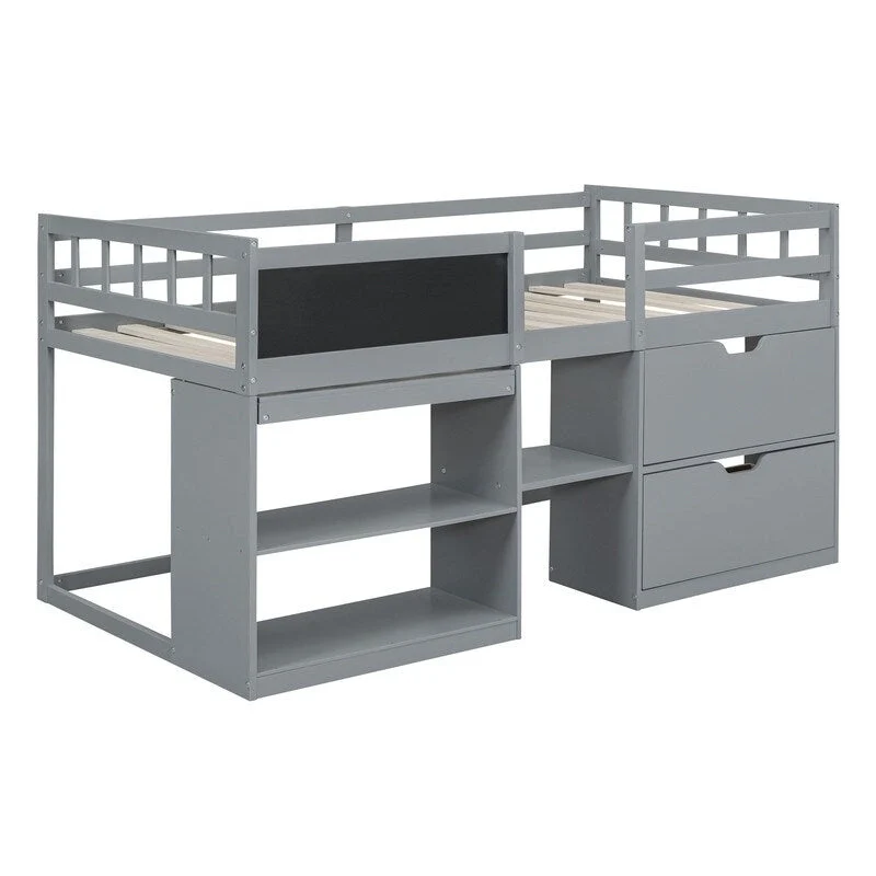 Gray / White / Espresso Twin Loft Bed with Desk, Shelf & Drawers – 1 Person