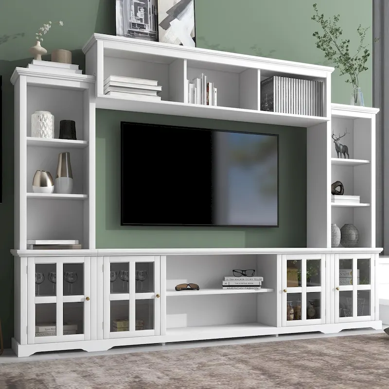 White Entertainment Wall Unit with Bridge & Tempered Glass Door for 70 TVs