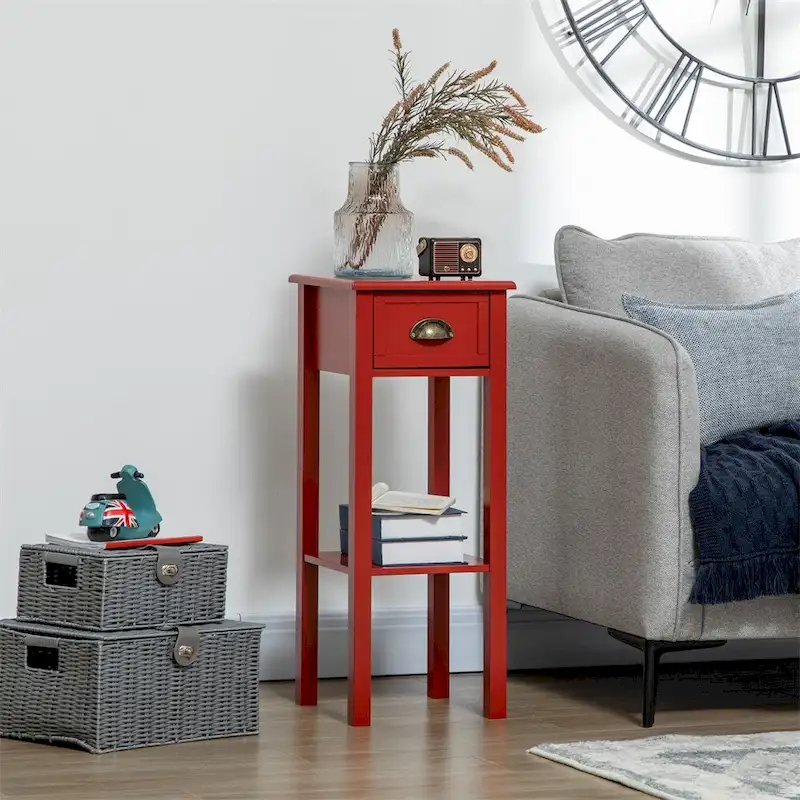 2-Tier Narrow Side Table with Drawer and Bottom Shelf